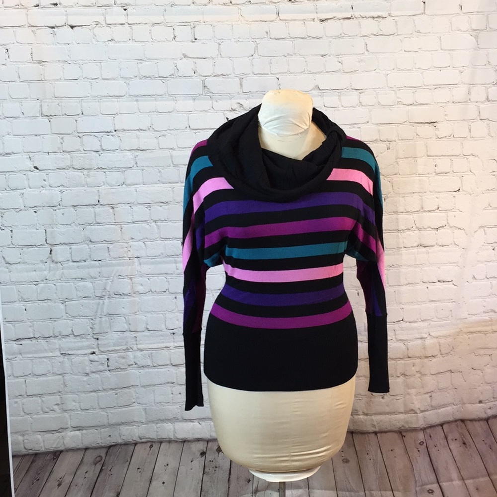 Candies Pullover Sweater Striped Black Purple Pink Cowl Neck Large